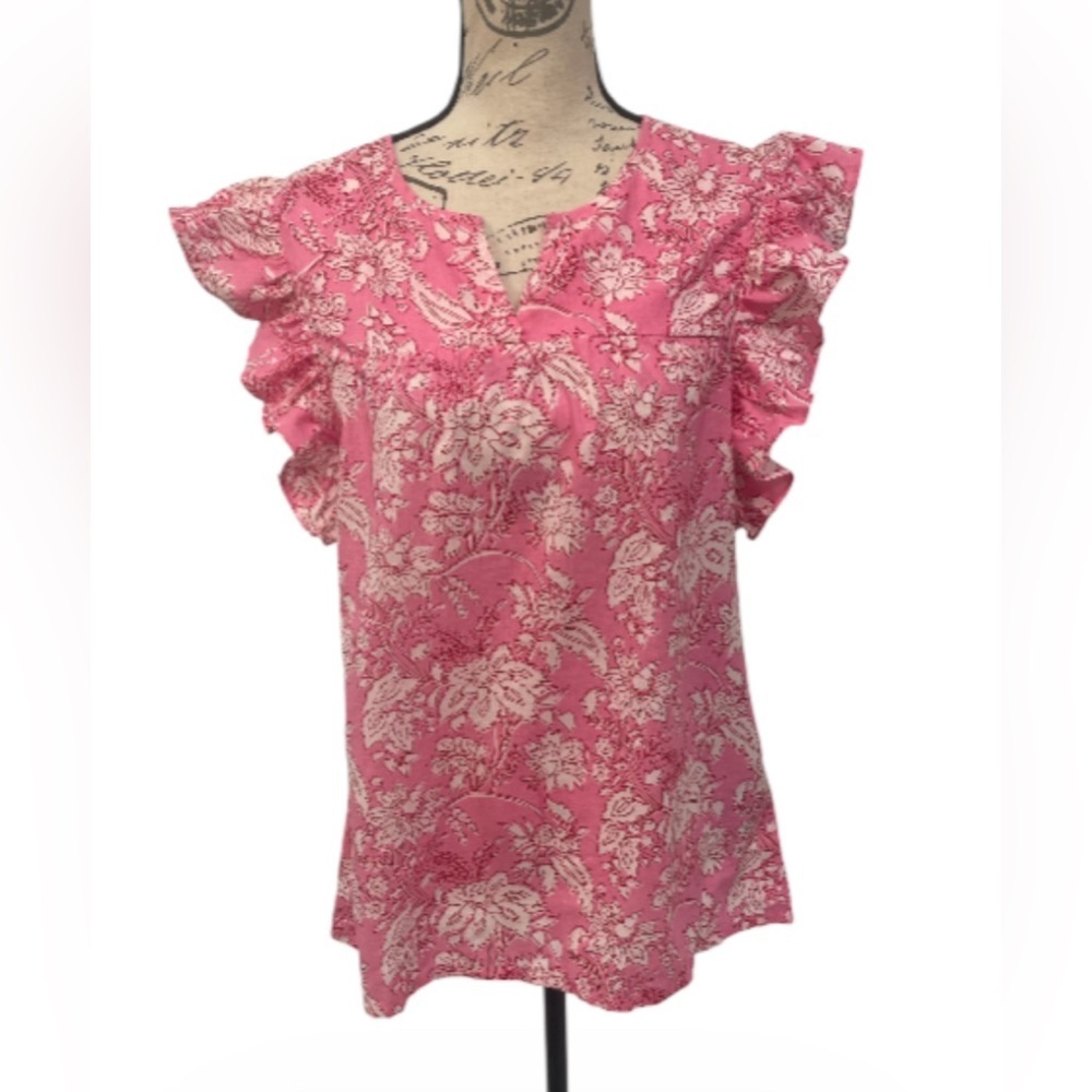 Liza Byrd Pink Floral Ruffle Sleeve Blouse 100% Cotton Size Small Boho Top